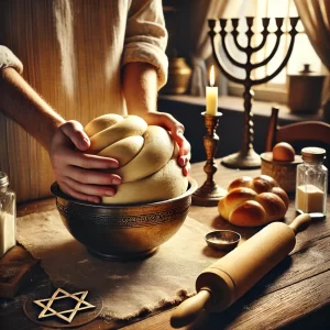 DALL·E 2024-06-20 16.26.47 – A serene kitchen setting with a wooden table. On the table, there's a large bowl of dough ready for baking. A pair of hands is seen holding a small po - המרכז להפרשת חלה