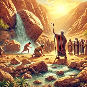 DALL·E 2024-06-20 16.28.57 – A desert scene with rocks and a group of people gathered around a large rock. Moses is depicted striking the rock with a staff, and water begins to fl - המרכז להפרשת חלה