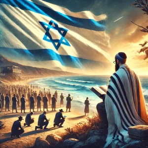DALL·E 2024-06-20 16.31.01 – A serene Israeli coastline with a prominent Israeli flag in the background. In the foreground, a group of people are seen praying, some holding a Book - המרכז להפרשת חלה