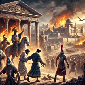DALL·E 2024-07-16 17.13.23 – A realistic scene illustrating the historical events of the 10th of Tammuz in Jewish history. Show the Babylonian forces capturing King Zedekiah, with - המרכז להפרשת חלה