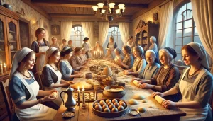 DALL·E 2024-07-22 09.43.50 – A wide realistic scene depicting an evening of Hafrashat Challah. Women of various ages are gathered around a large table, kneading dough and preparin - המרכז להפרשת חלה