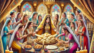 DALL·E 2024-07-22 11.51.59 – A vibrant and joyful scene from a Jewish Henna ceremony where women are performing the mitzvah of Hafrashat Challah. The women are dressed in traditio - המרכז להפרשת חלה