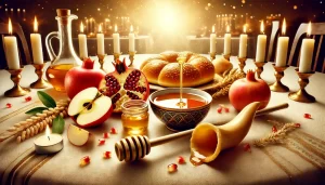 DALL·E 2024-10-02 09.26.22 – A wide, festive image representing Rosh Hashanah. The table is set with symbolic items_ a bowl of honey with an apple slice dipped in it, a pomegranat - המרכז להפרשת חלה