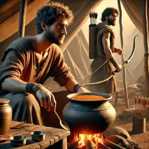 DALL·E 2024-11-26 16.43.23 – A realistic 4K image depicting the biblical story of Jacob and Esau from Parashat Toldot. The scene shows Jacob and Esau as young men in a rustic tent - המרכז להפרשת חלה
